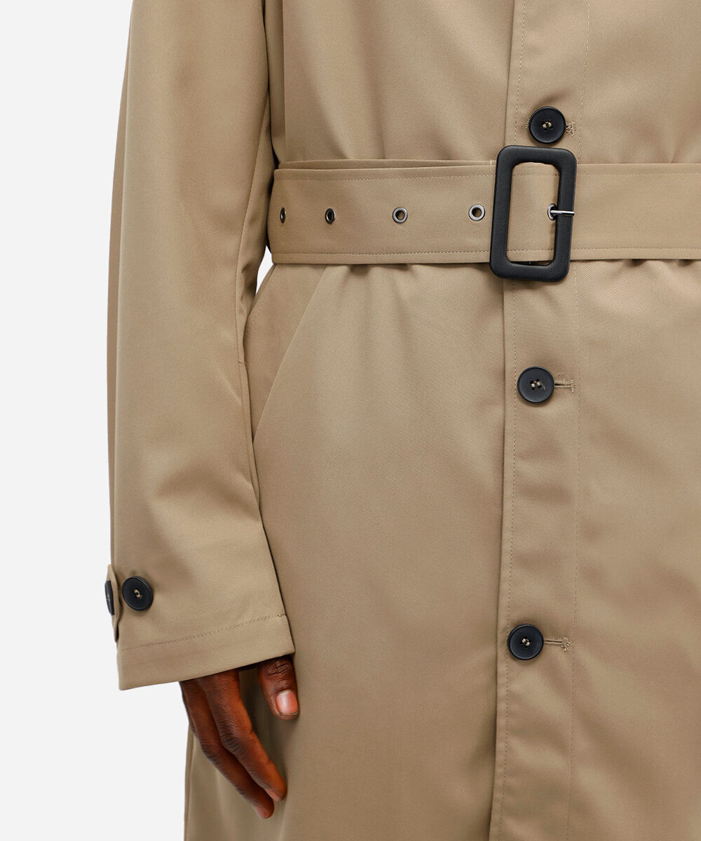 trench coat masculino de sarja com cinto bege