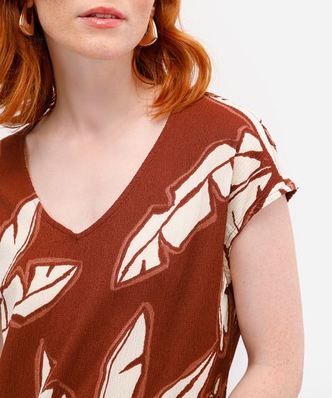 blusa feminina folhagens texturizada marrom