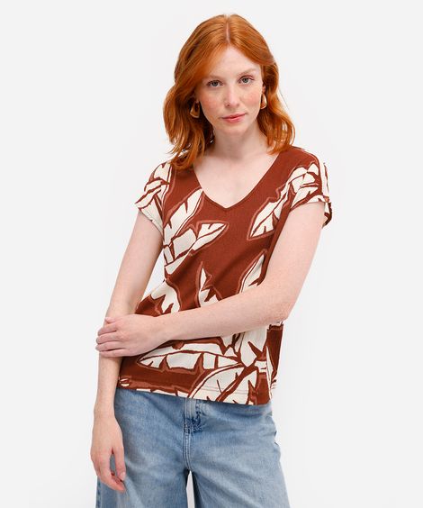blusa feminina folhagens texturizada marrom