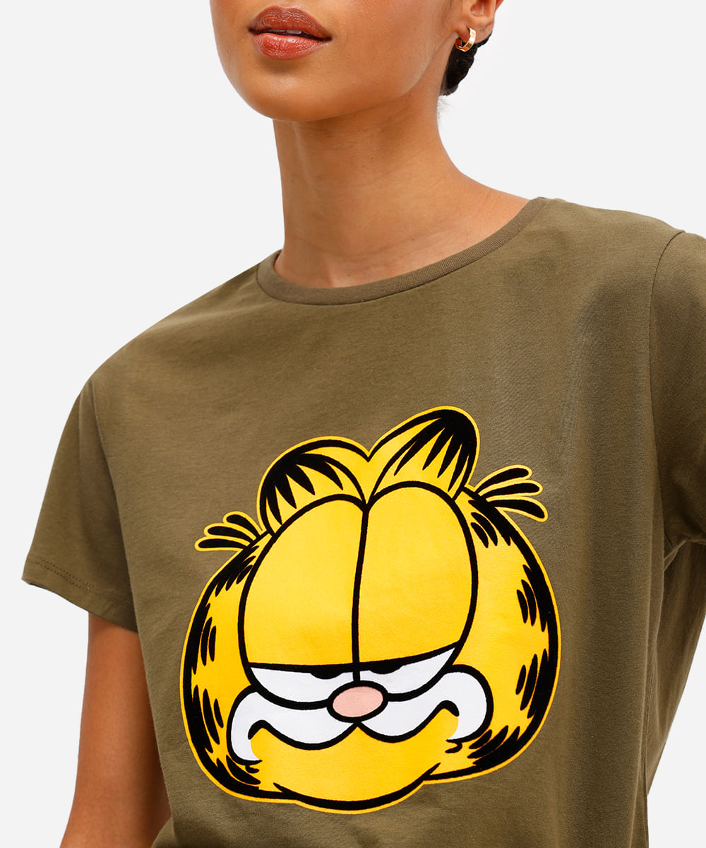 camiseta feminina de algodão garfield texturizada verde