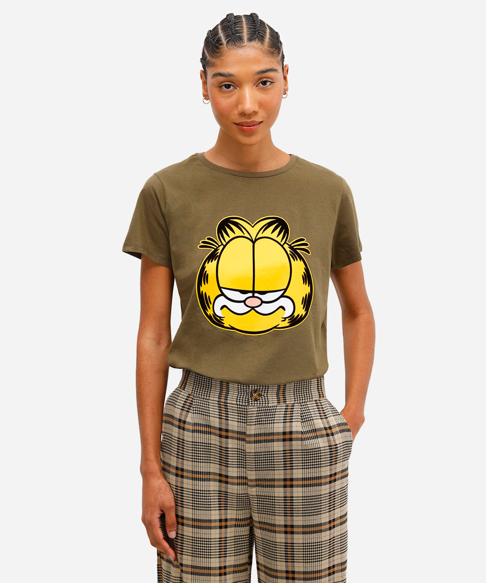 camiseta feminina de algodão garfield texturizada verde