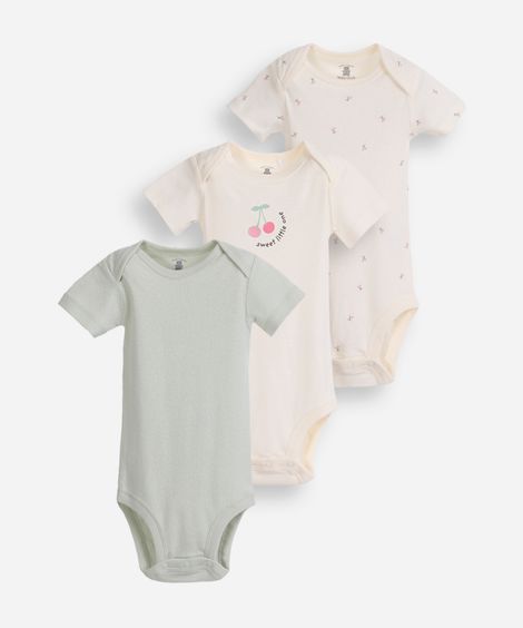 kit de 3 bodies infantis de algodão estampado colorido