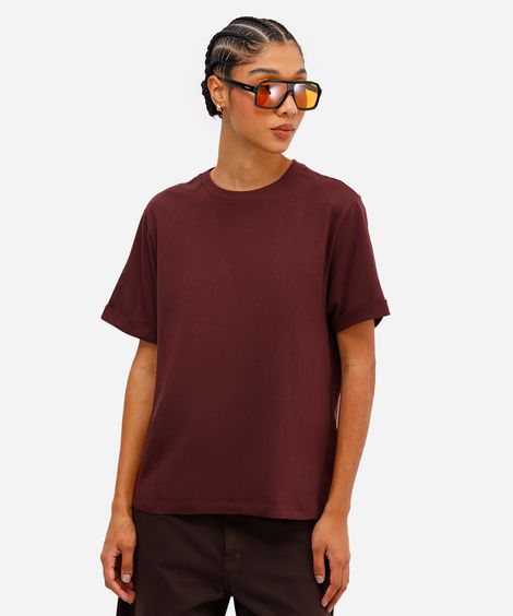 camiseta básica feminina de algodão manga curta vinho