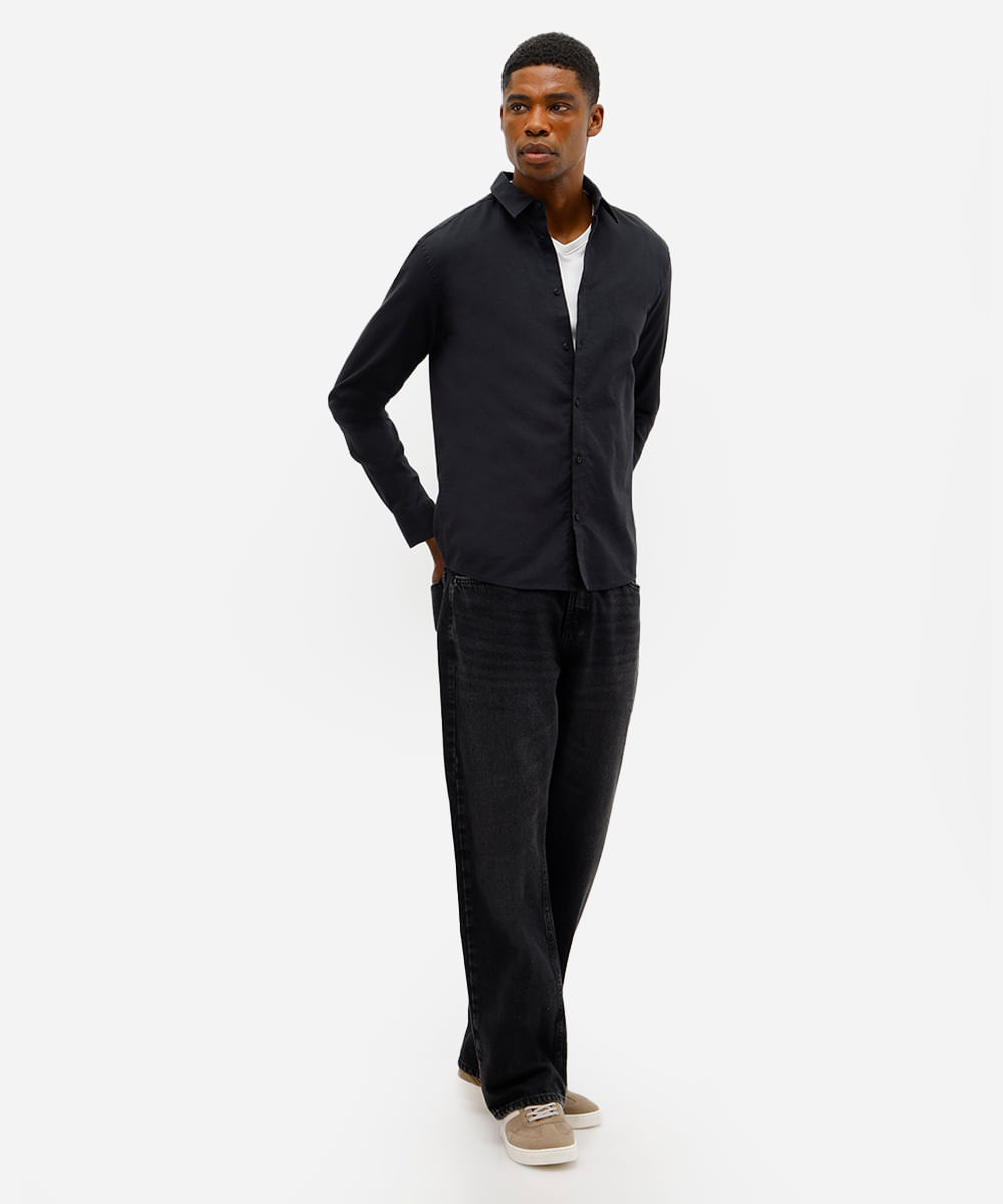 camisa masculina de linho e algodão manga longa preta
