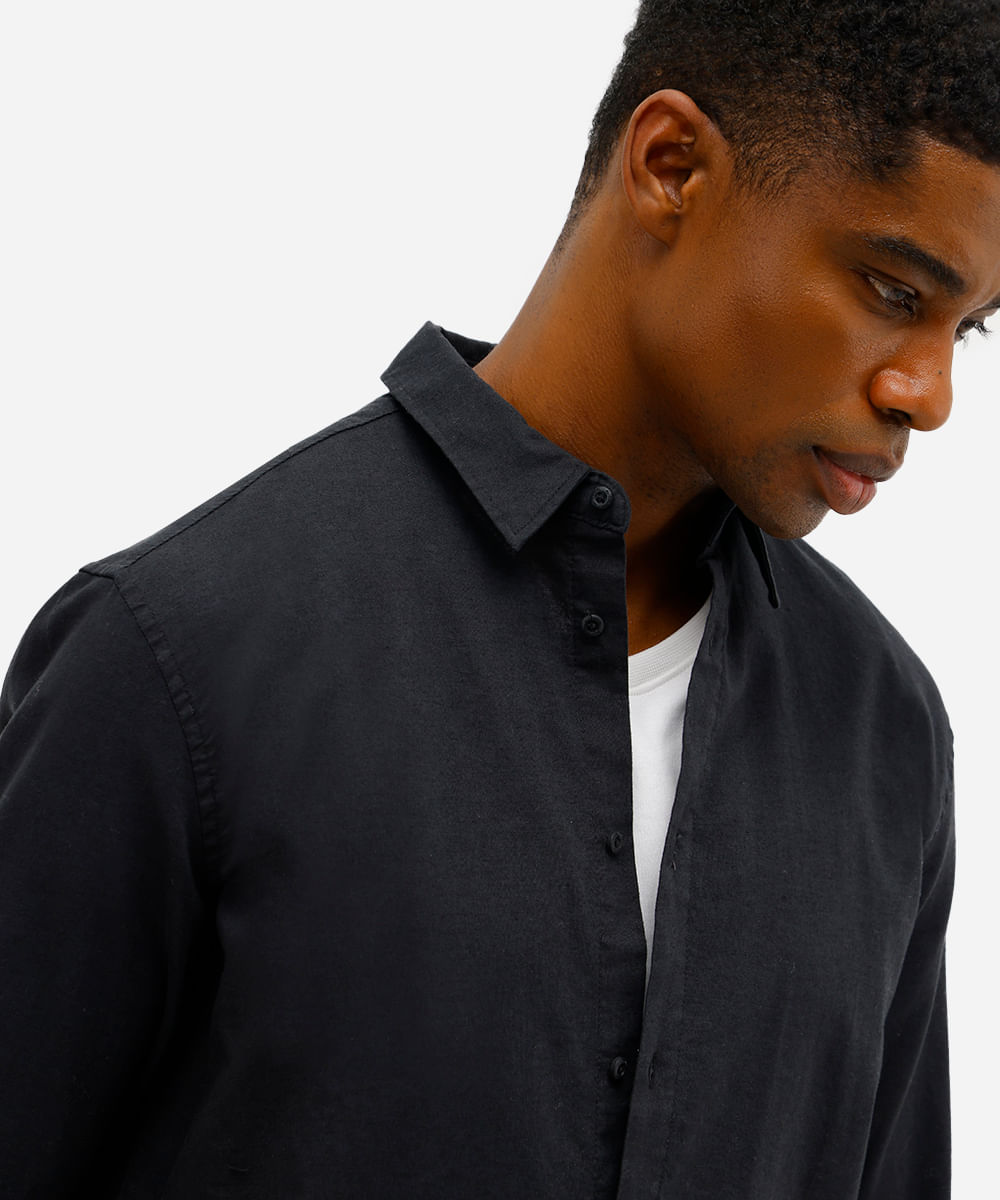 camisa masculina de linho e algodão manga longa preta