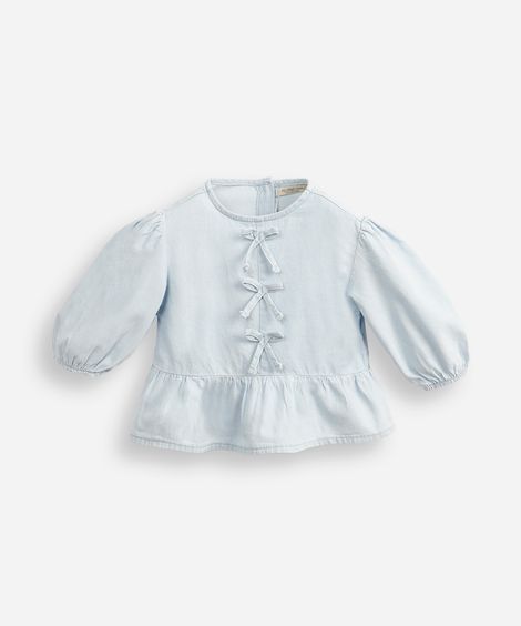 blusa infantil jeans manga bufante com laços azul