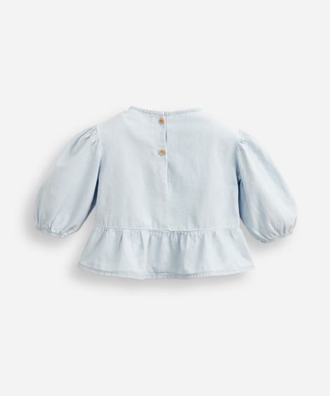blusa infantil jeans manga bufante com laços azul