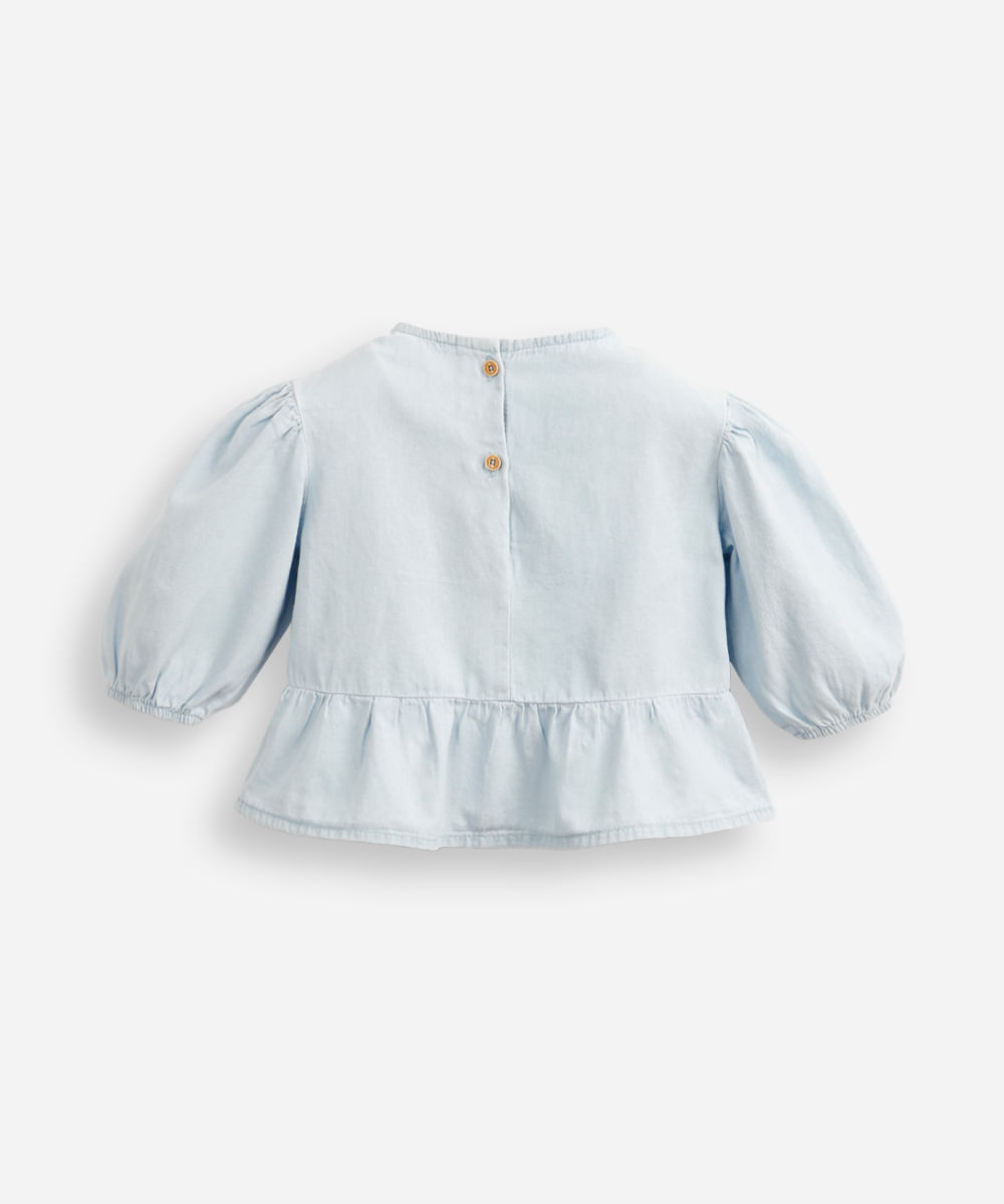 blusa infantil jeans manga bufante com laços azul