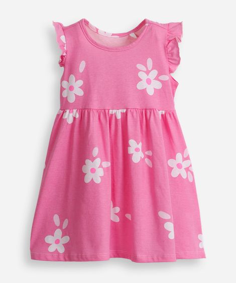 vestido infantil de algodão com babado floral  rosa