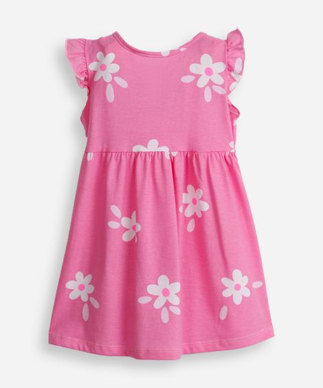 vestido infantil de algodão com babado floral  rosa