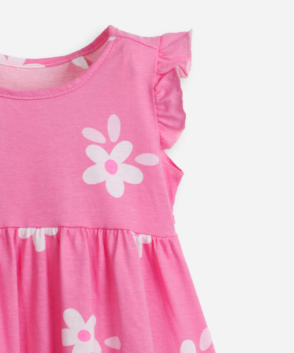 vestido infantil de algodão com babado floral  rosa