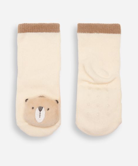 meia infantil cano médio ursinho bege