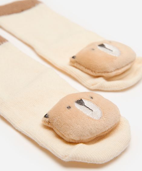 meia infantil cano médio ursinho bege