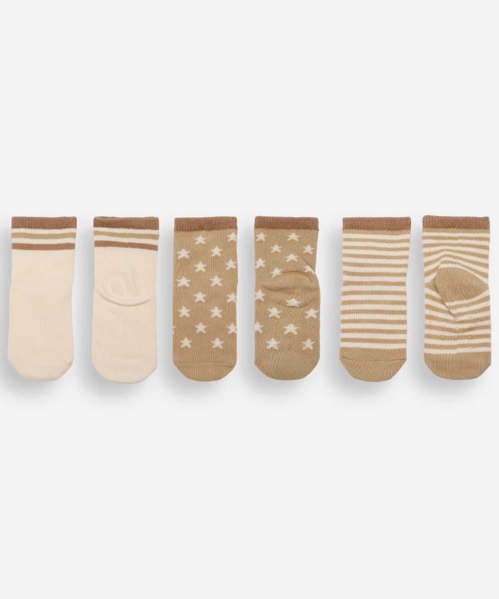 kit de 3 meias infantis de algodão listras e estrelas colorido
