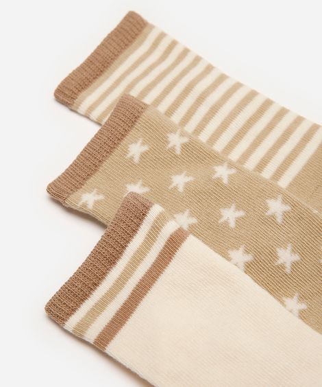 kit de 3 meias infantis de algodão listras e estrelas colorido