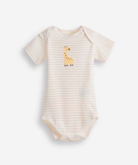 body infantil de algodão manga curta girafa listrado off white