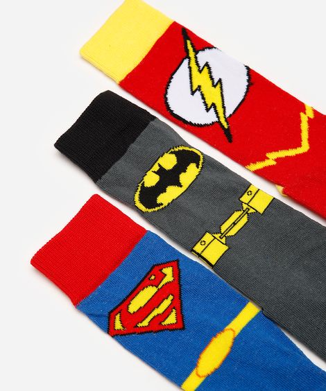 kit de 3 meias infantis cano longo liga da justiça colorido