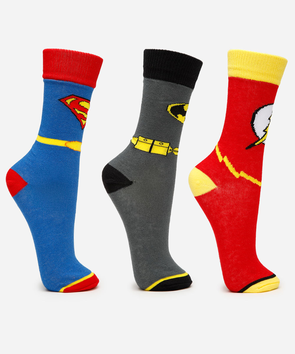 kit de 3 meias infantis cano longo liga da justiça colorido