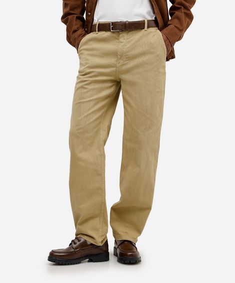 calça reta masculina de sarja texturizada bege