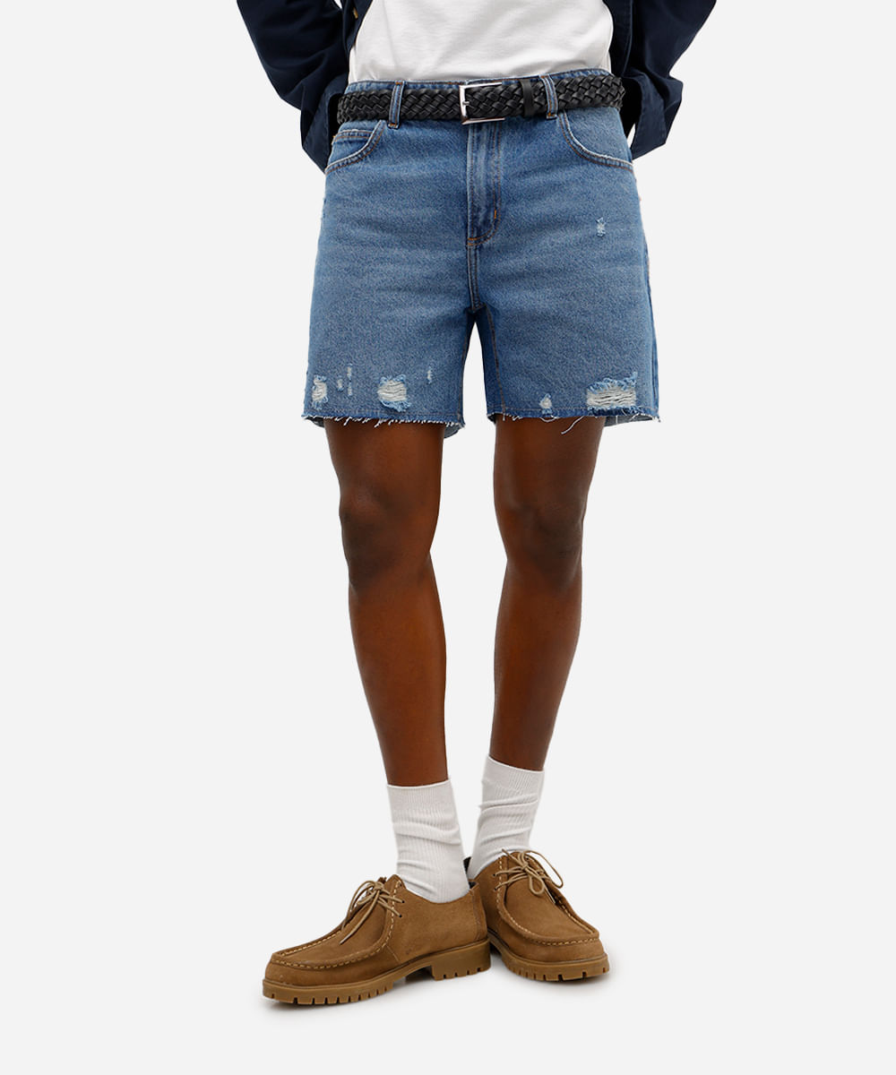 short masculino jeans destroyed azul