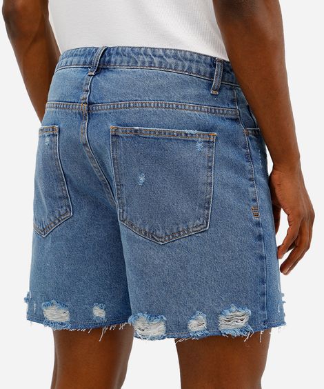 short masculino jeans destroyed azul