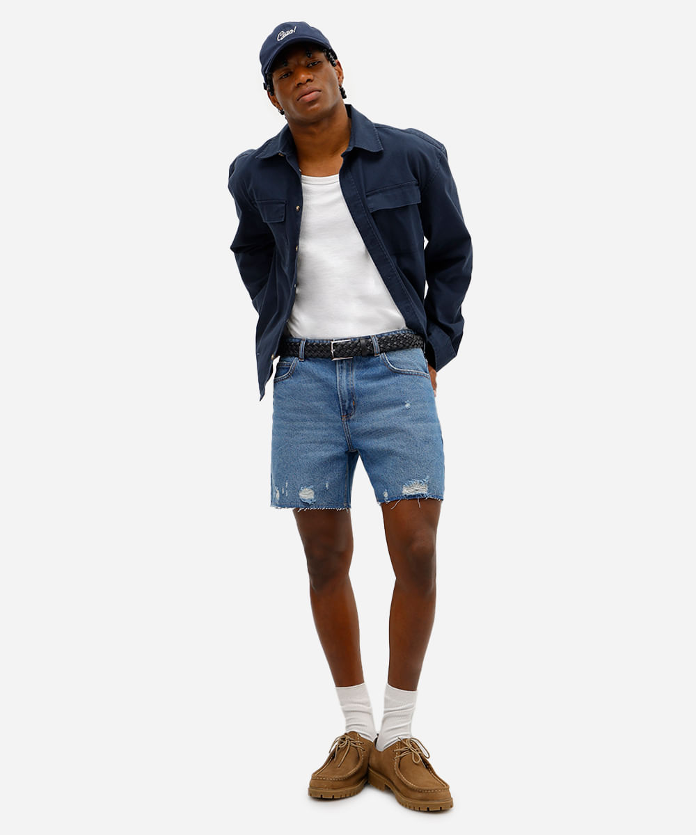 short masculino jeans destroyed azul