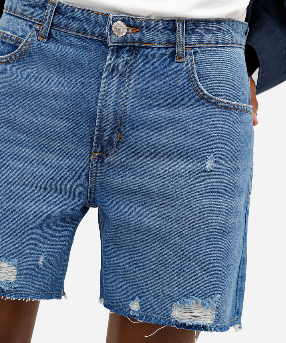 short masculino jeans destroyed azul