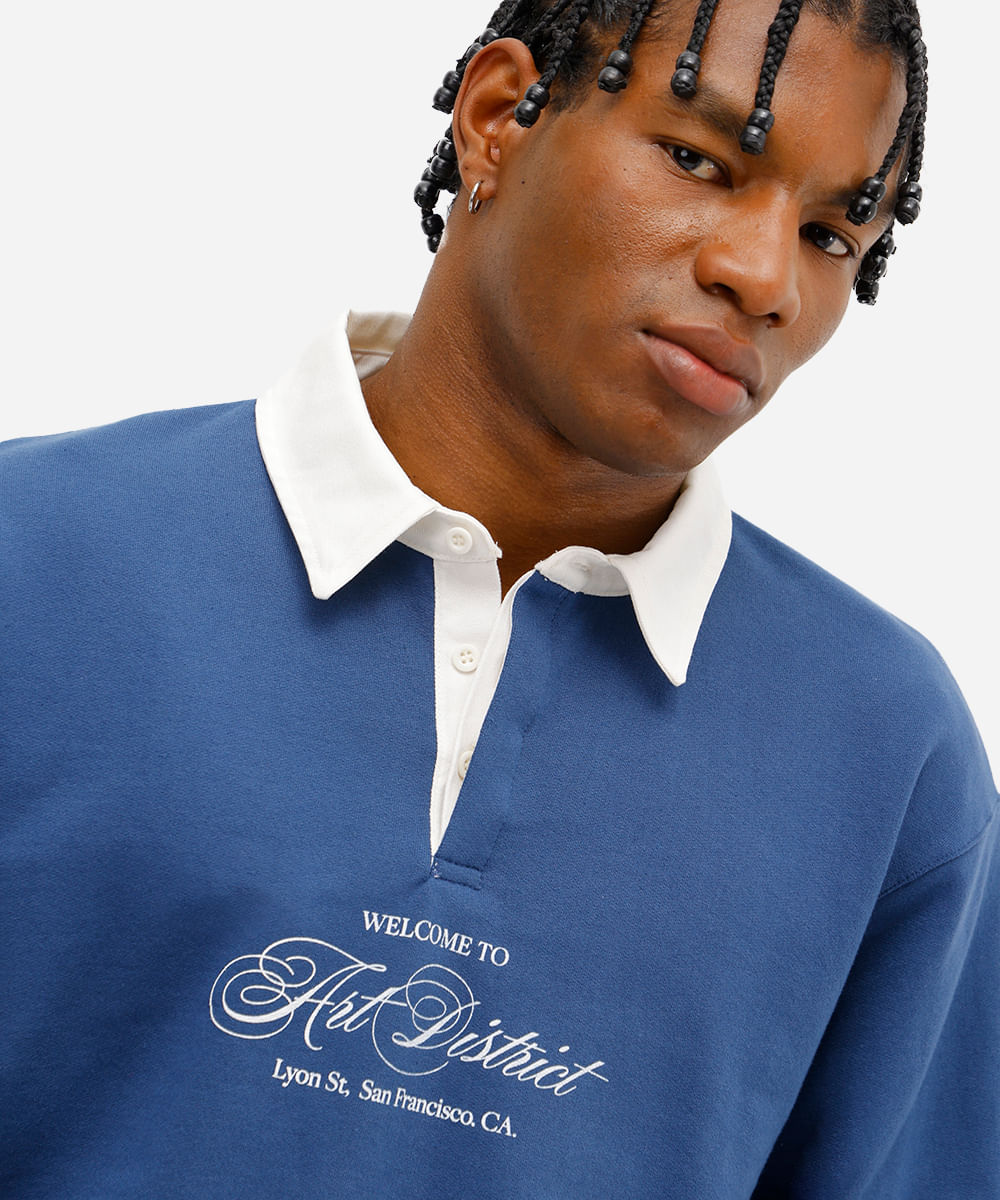 polo masculina de moletinho manga longa art district azul