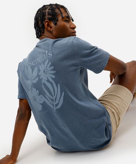 camiseta masculina de algodão estampada estonada azul