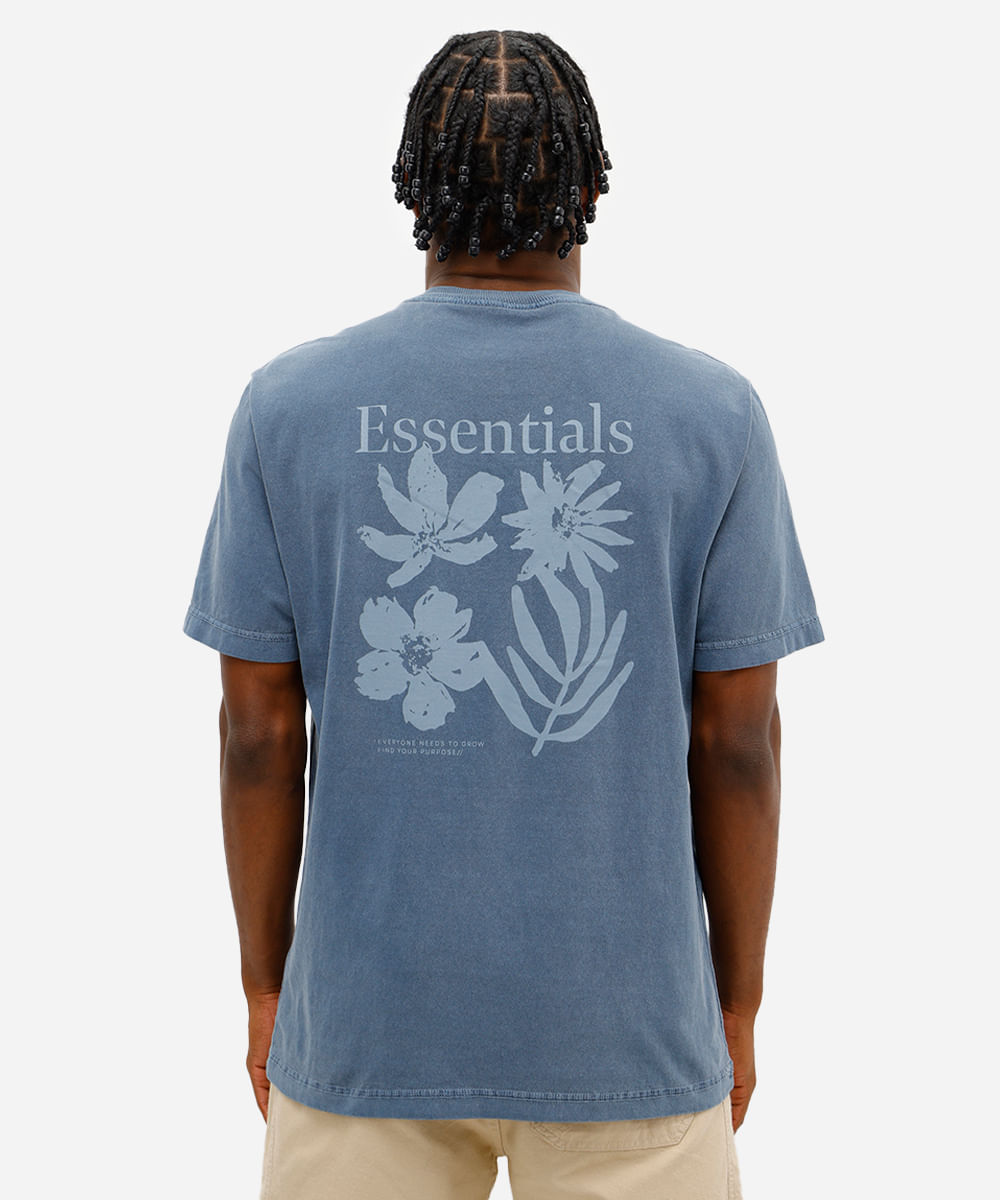 camiseta masculina de algodão estampada estonada azul