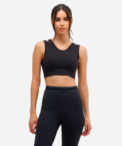 top feminino esportivo com recortes preto