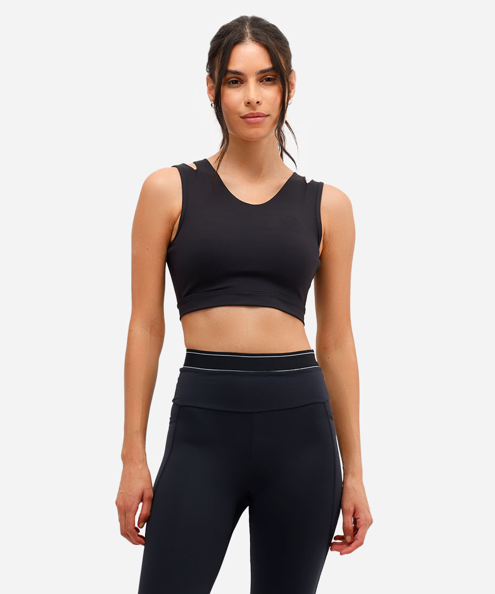 top feminino esportivo com recortes preto