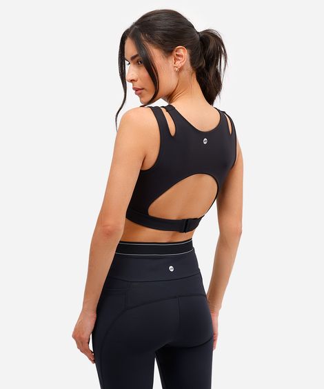 top feminino esportivo com recortes preto