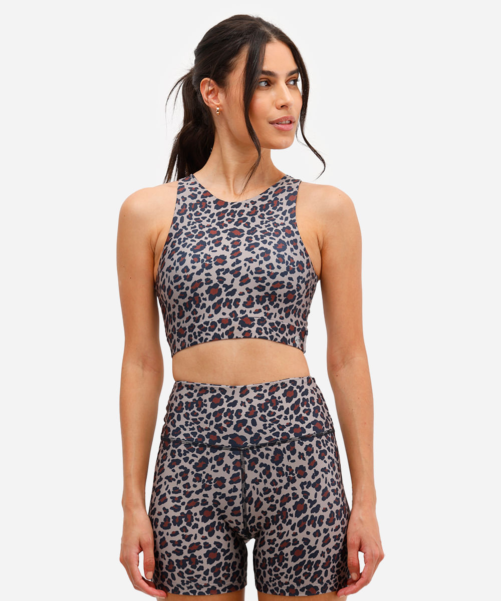 top feminino halterneck esportivo animal print bege