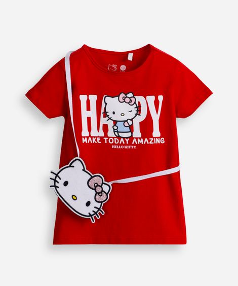blusa infantil de algodão hello kitty com bolsa vermelha
