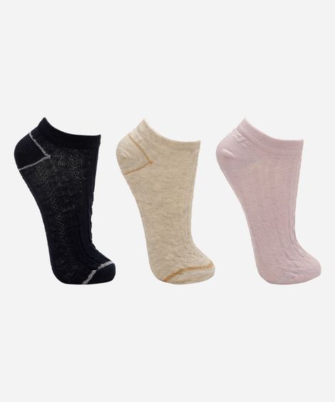 kit de 3 meias cano baixo texturizada colorido