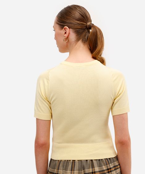 blusa cropped feminina de tricot manga curta amarela