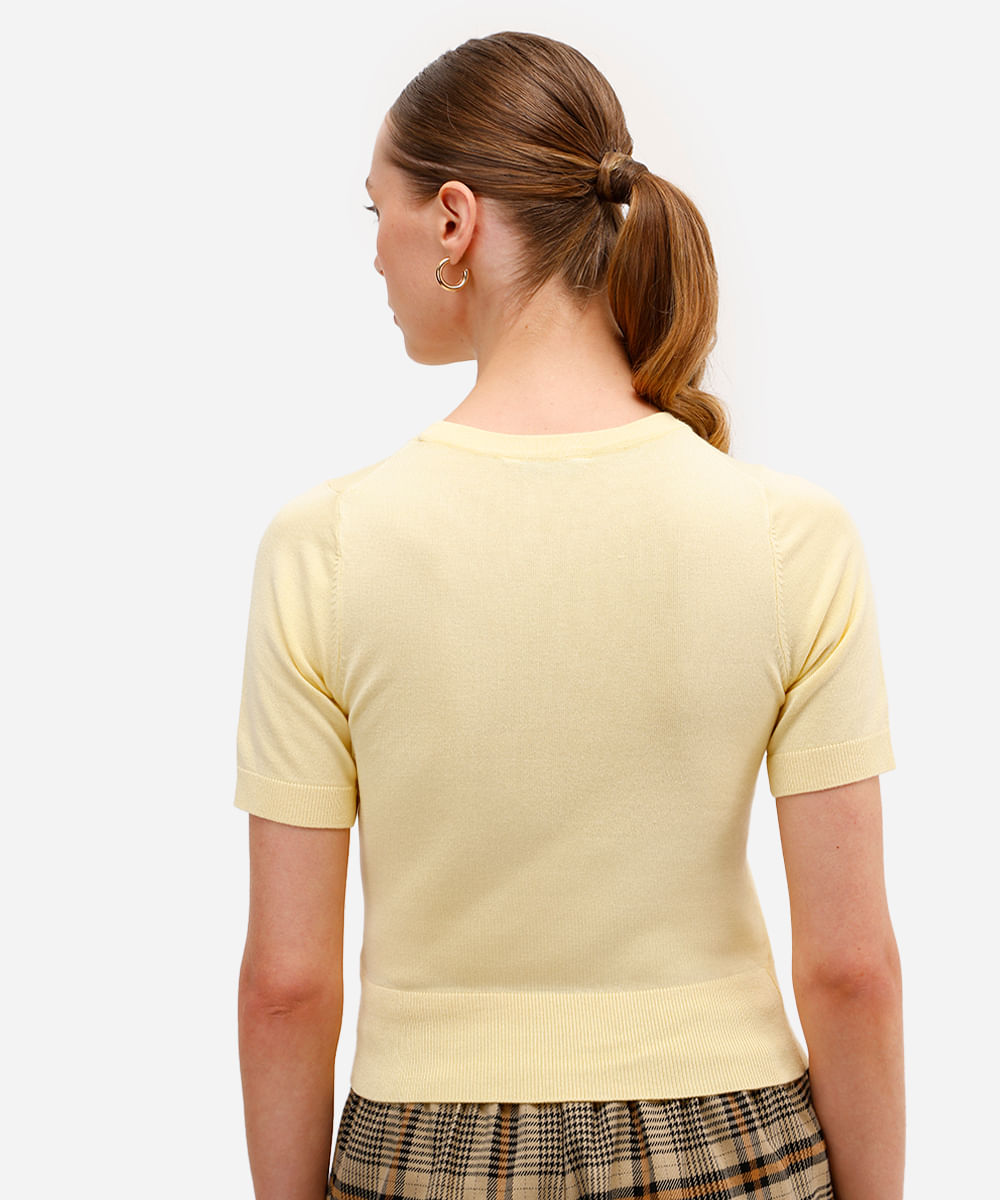 blusa cropped feminina de tricot manga curta amarela