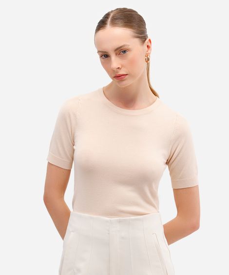 blusa cropped feminina de tricot manga curta bege