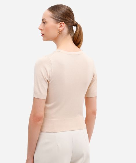 blusa cropped feminina de tricot manga curta bege