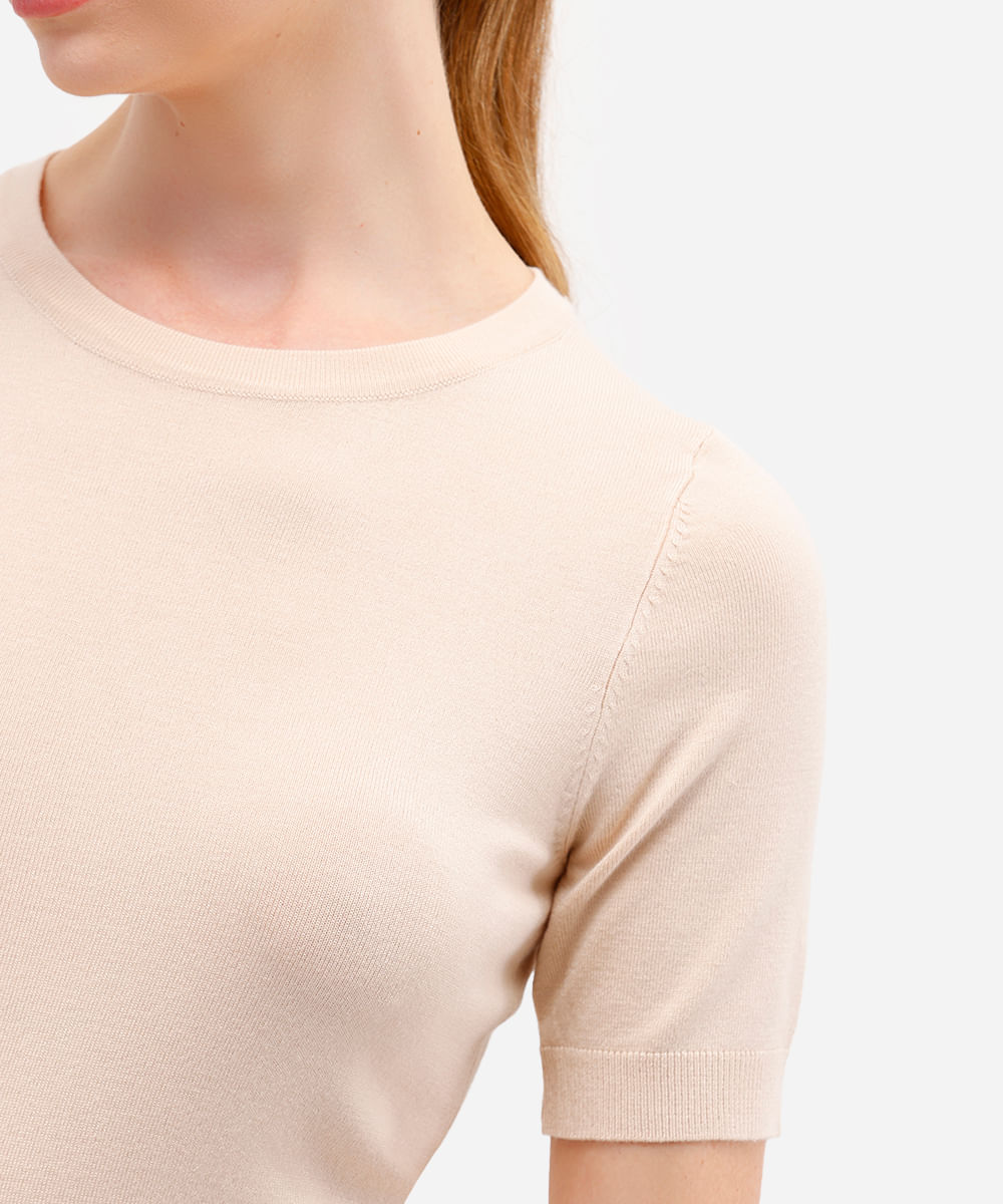 blusa cropped feminina de tricot manga curta bege