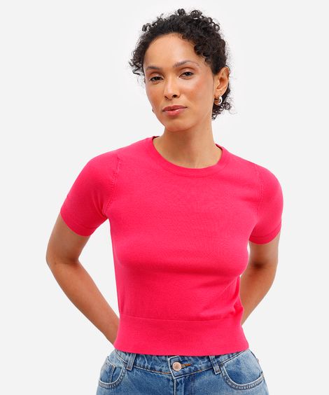 blusa cropped feminina de tricot manga curta rosa