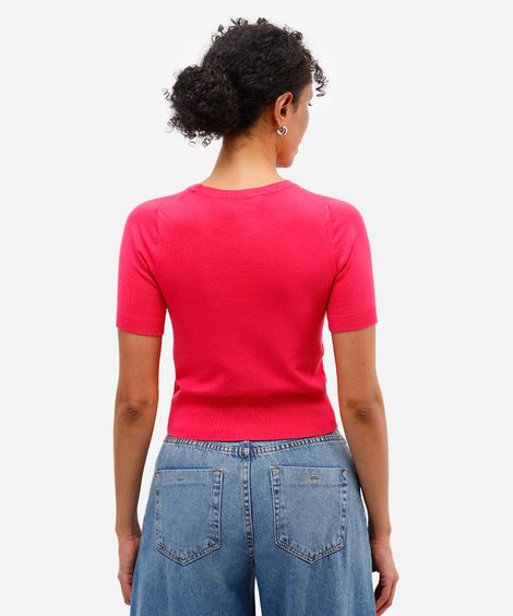 blusa cropped feminina de tricot manga curta rosa