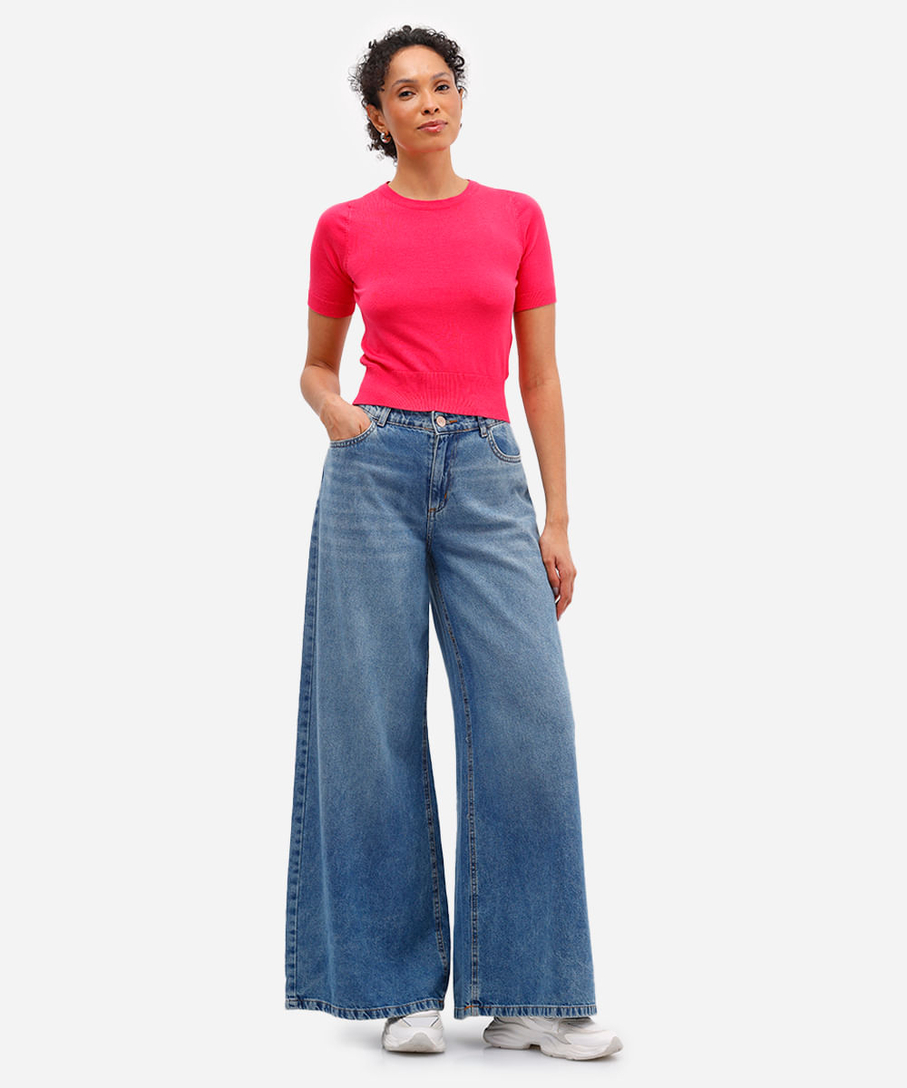 blusa cropped feminina de tricot manga curta rosa
