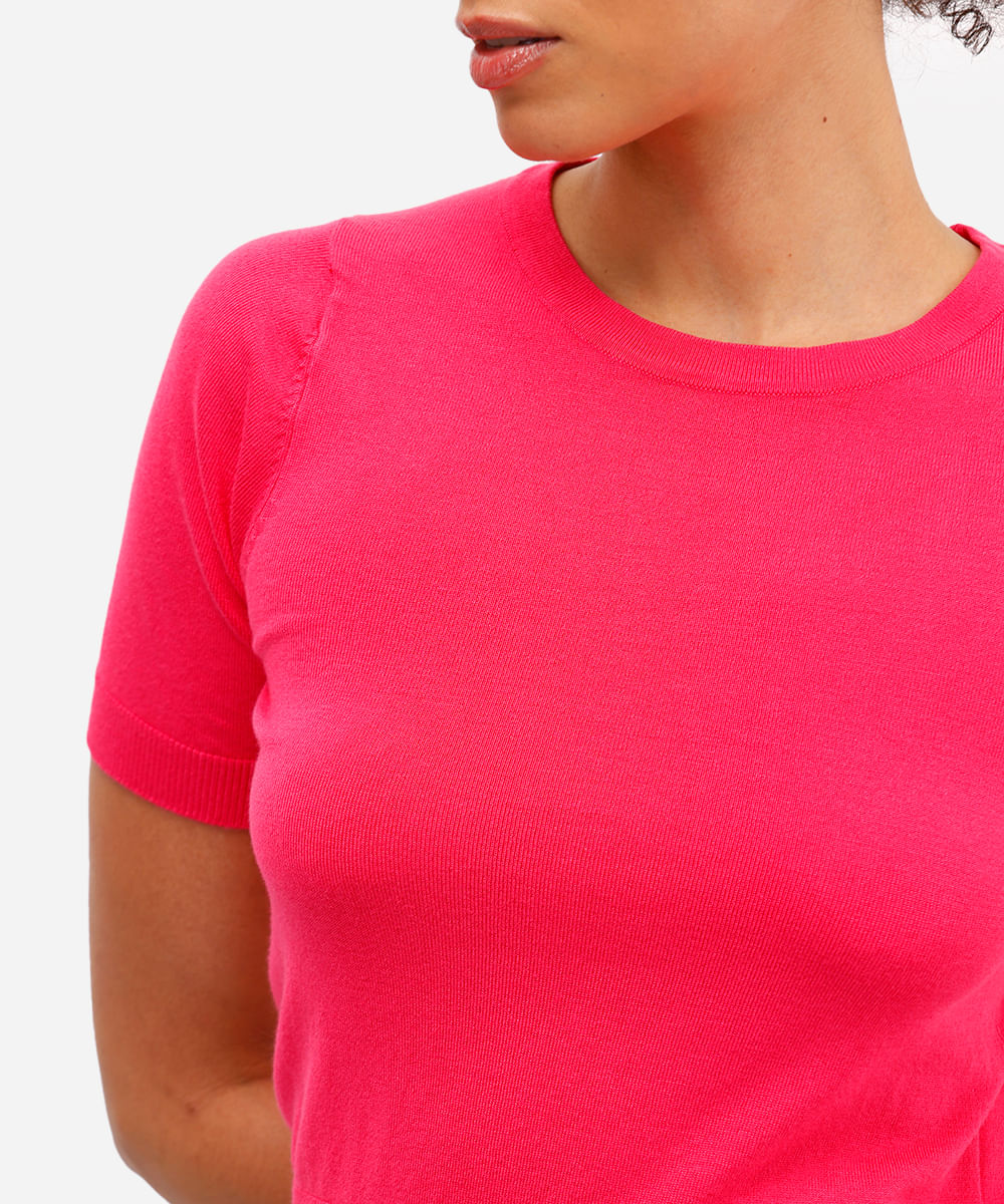 blusa cropped feminina de tricot manga curta rosa
