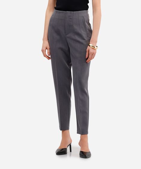 calça reta de alfaiataria feminina com pences cinza