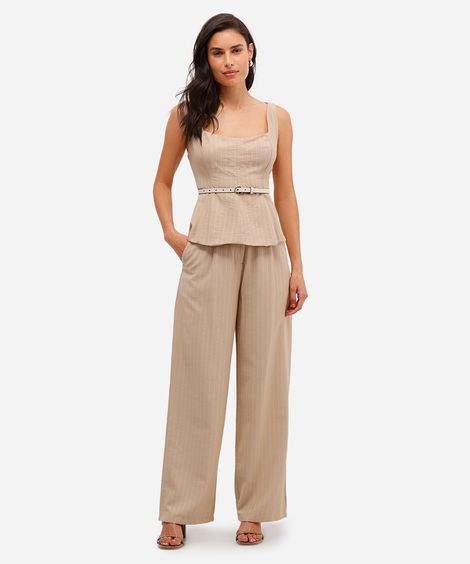 calça reta feminina de alfaiataria risca de giz bege