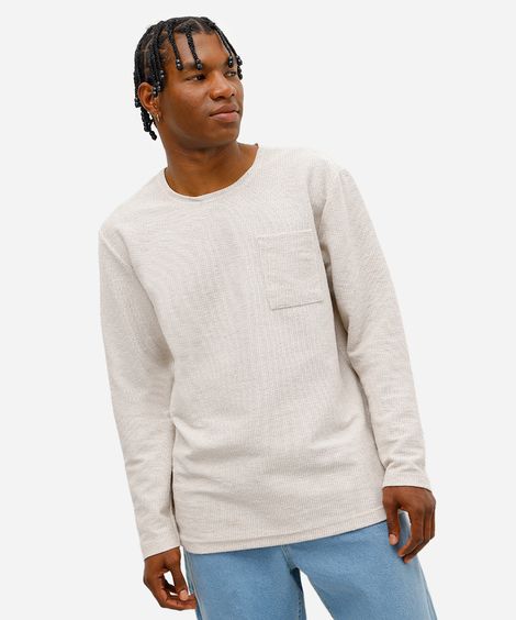 camiseta masculina manga longa texturizada bege