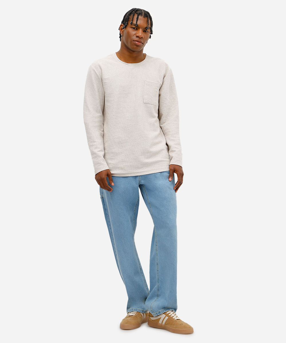 camiseta masculina manga longa texturizada bege