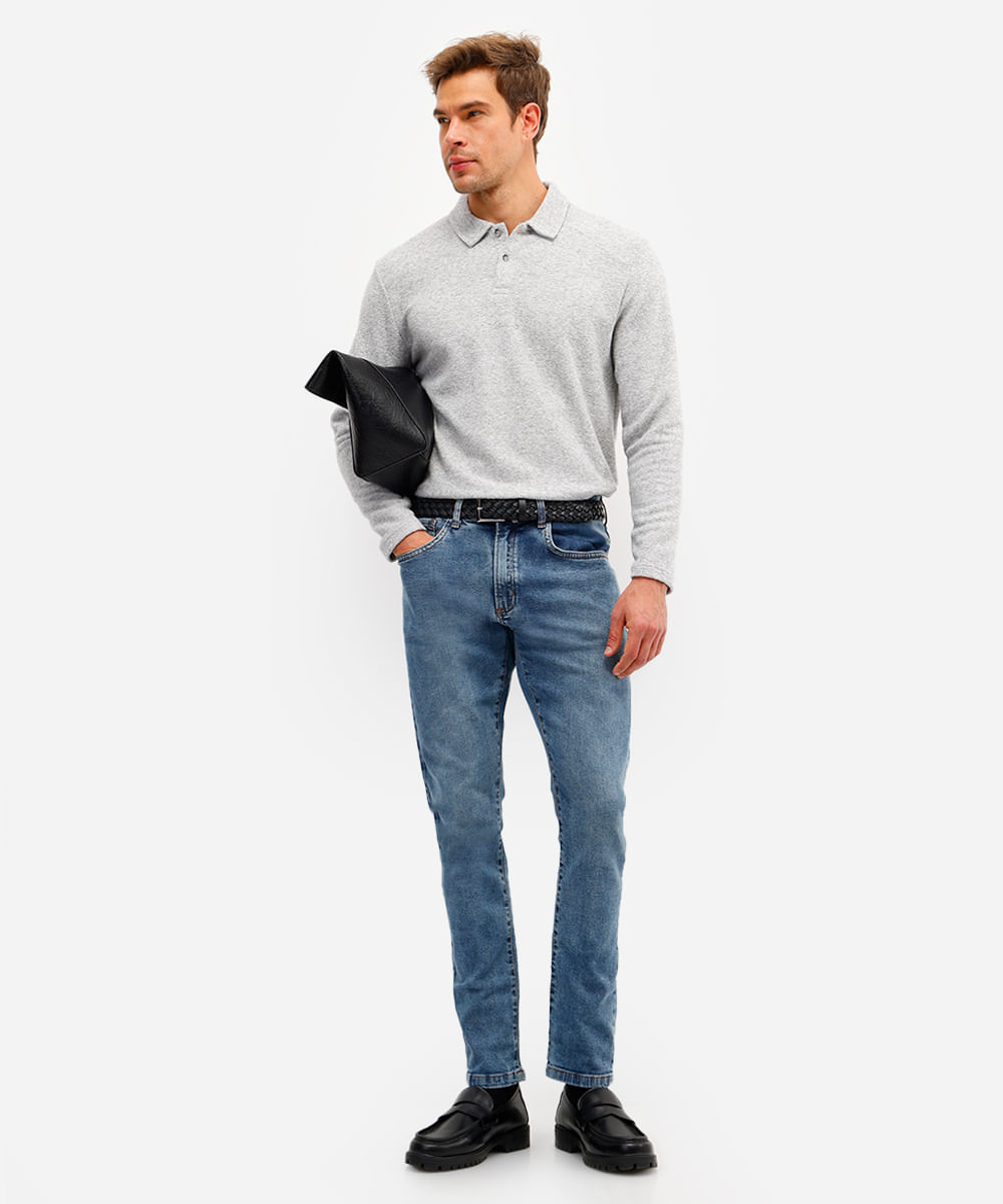 polo masculina manga longa texturizada cinza